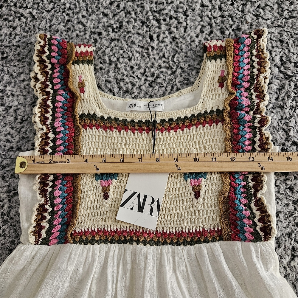 Zara Girls Crochet Dress Size 13-14 L White Cream Sleeveless Cotton Summer Boho - Picture 8 of 10